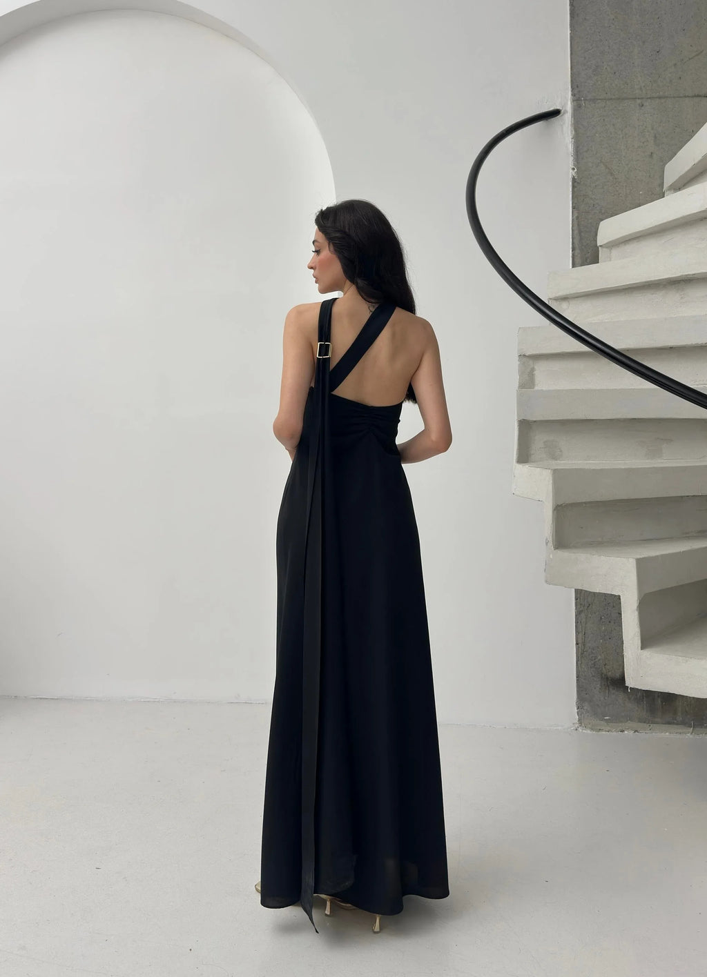 Scarf Detail One-Shoulder Maxi Dress - Black - Mirelline Store