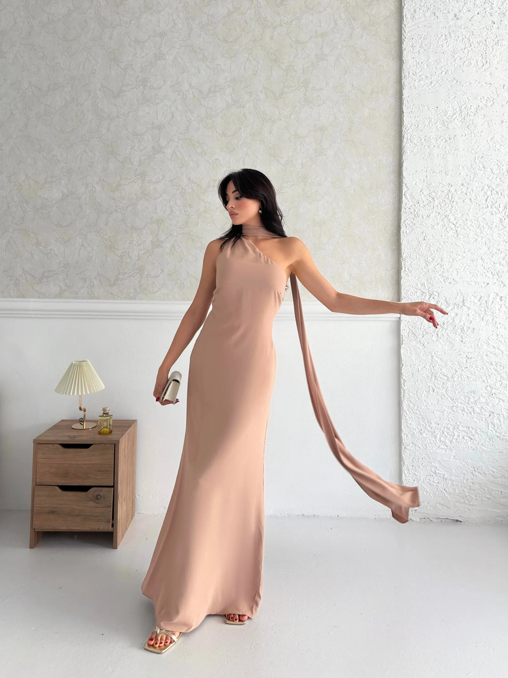 Scarf Detail One-Shoulder Maxi Dress - Beige - Mirelline Store