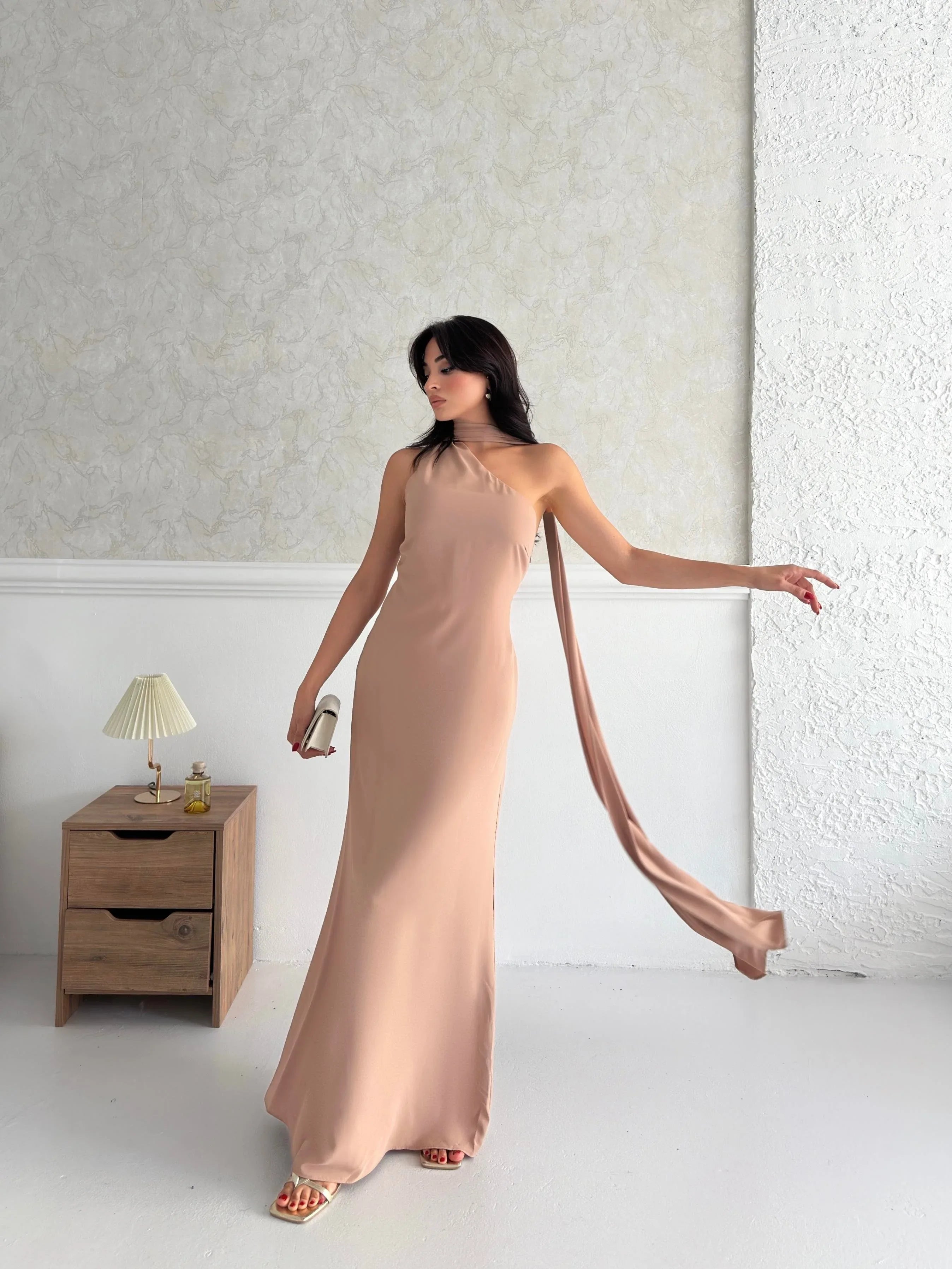Scarf Detail One-Shoulder Maxi Dress - Beige - Mirelline Store