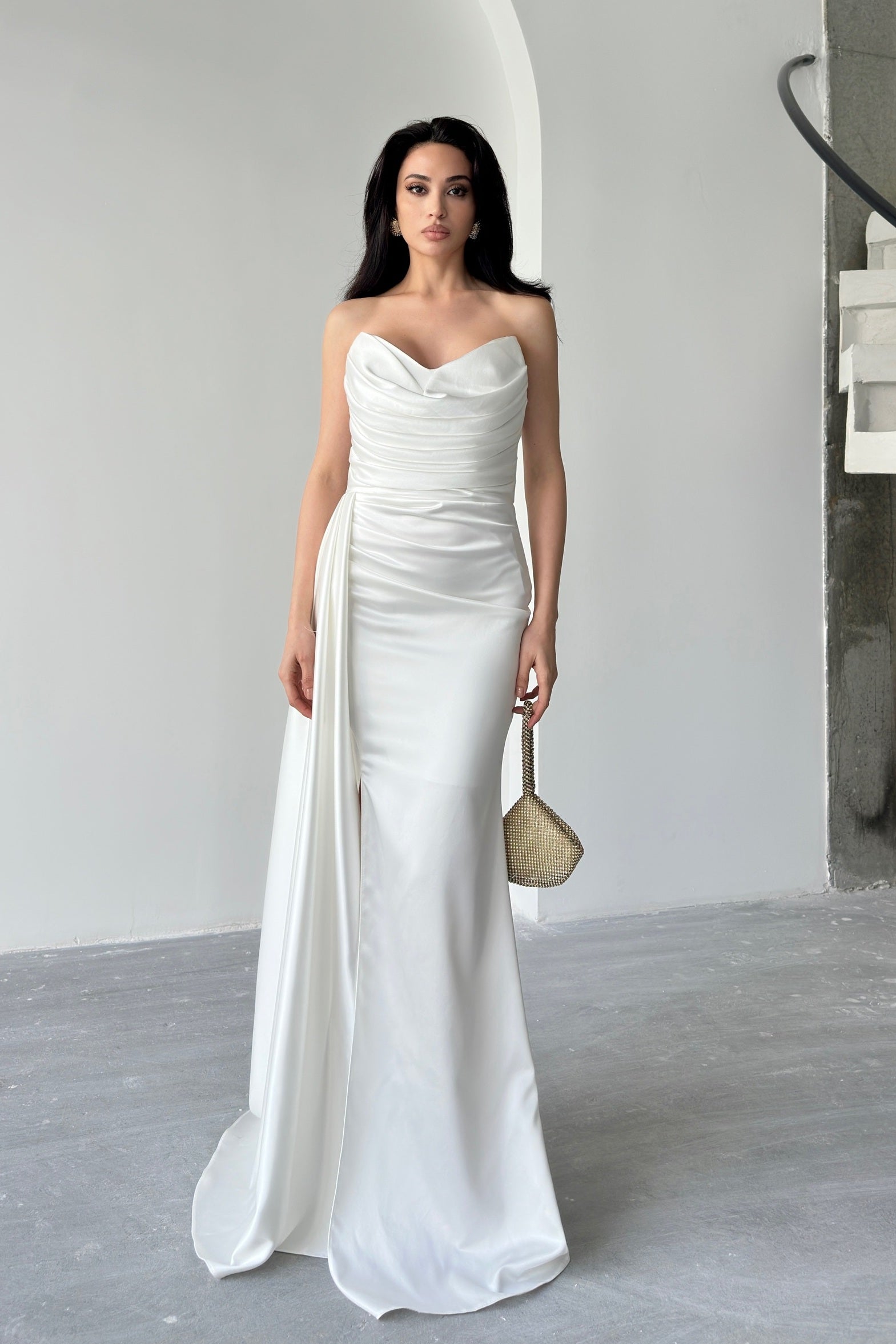 Draped Strapless Satin Maxi Dress - White