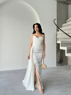 Draped Strapless Satin Maxi Dress - White