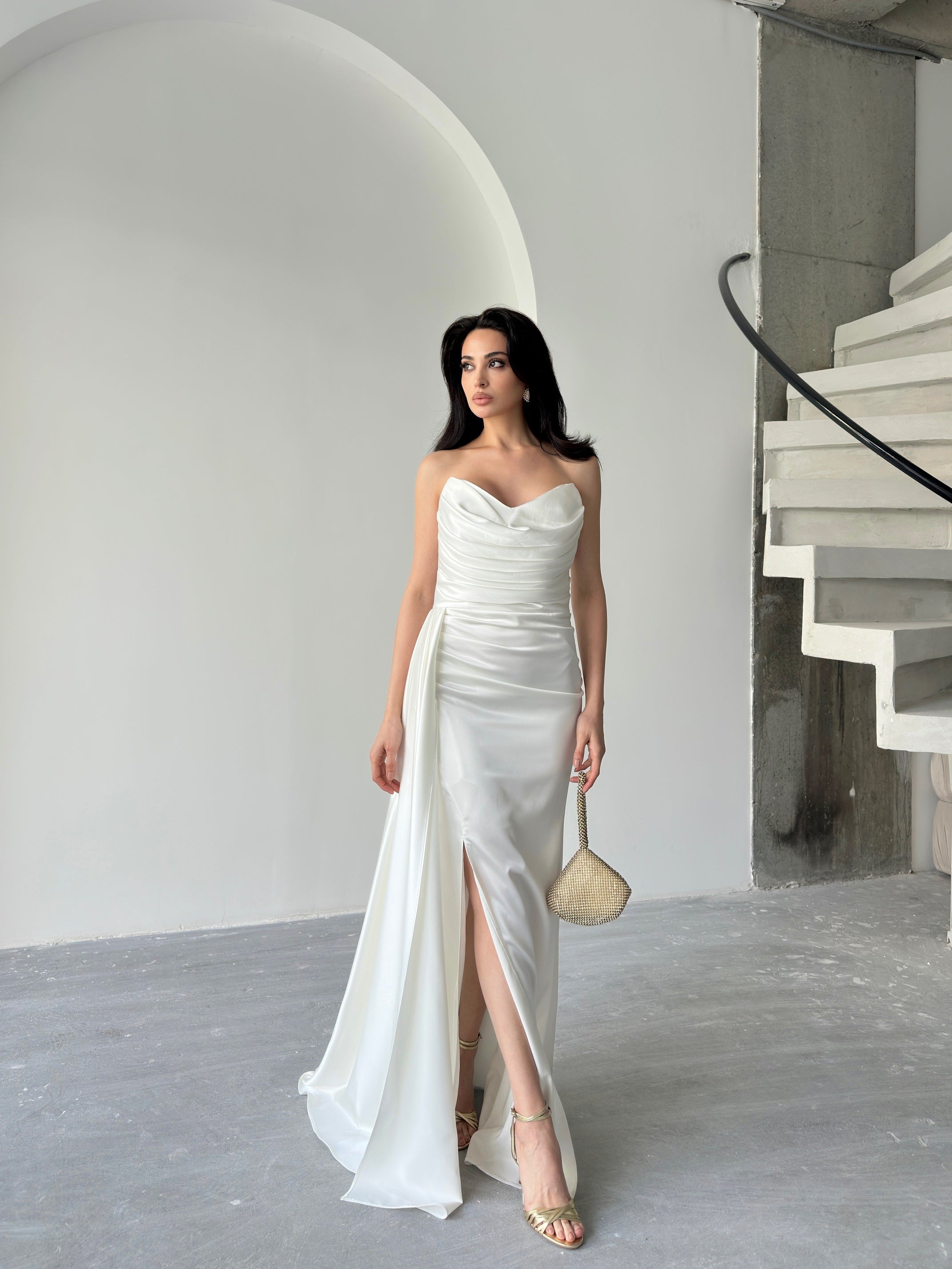 Draped Strapless Satin Maxi Dress - White