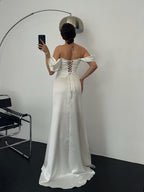 Ruched Off-Shoulder Satin Maxi Dress - White