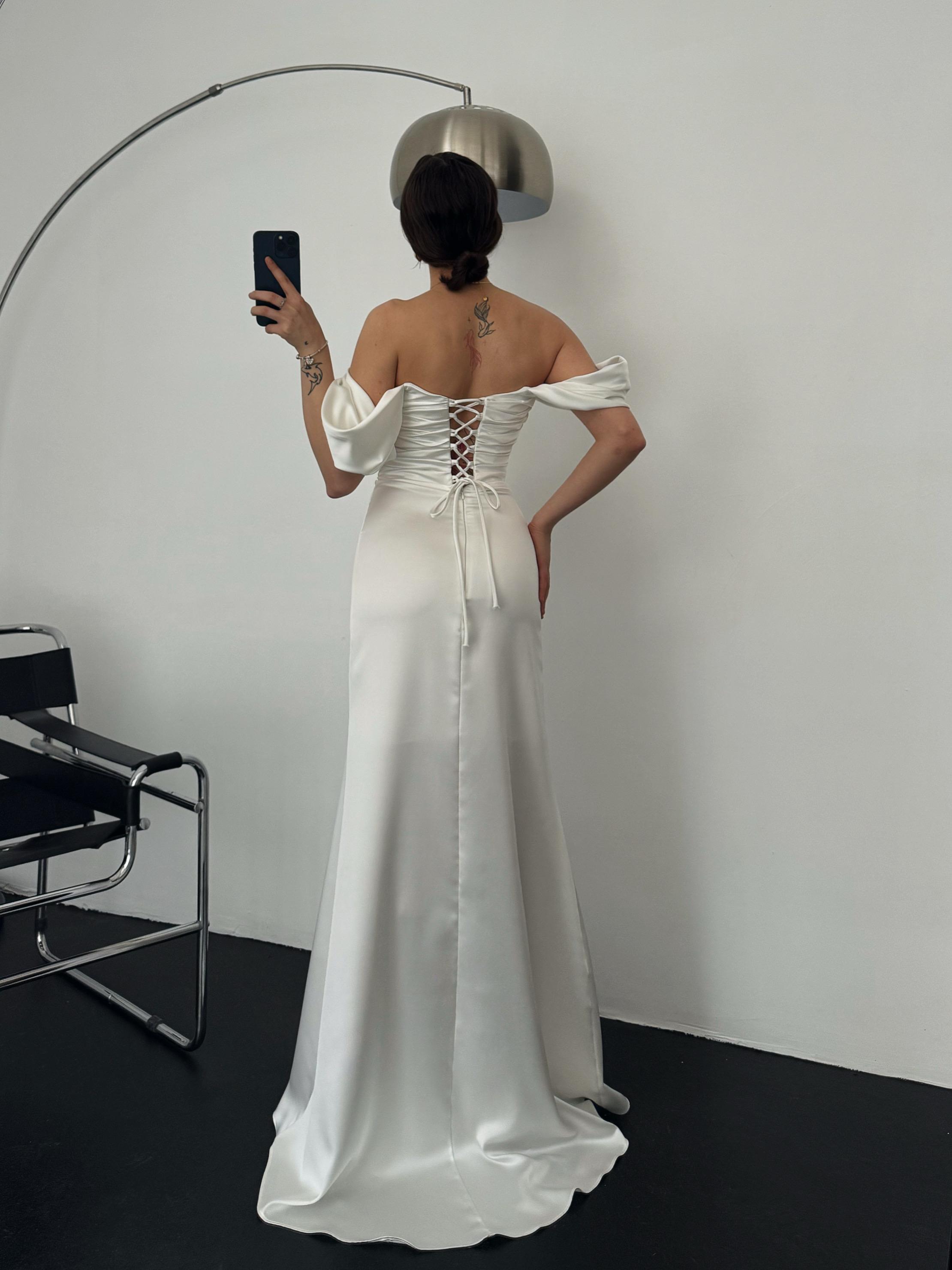 Ruched Off-Shoulder Satin Maxi Dress - White