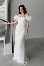 Beaded Off-Shoulder Puff Sleeve Maxi Dress - White