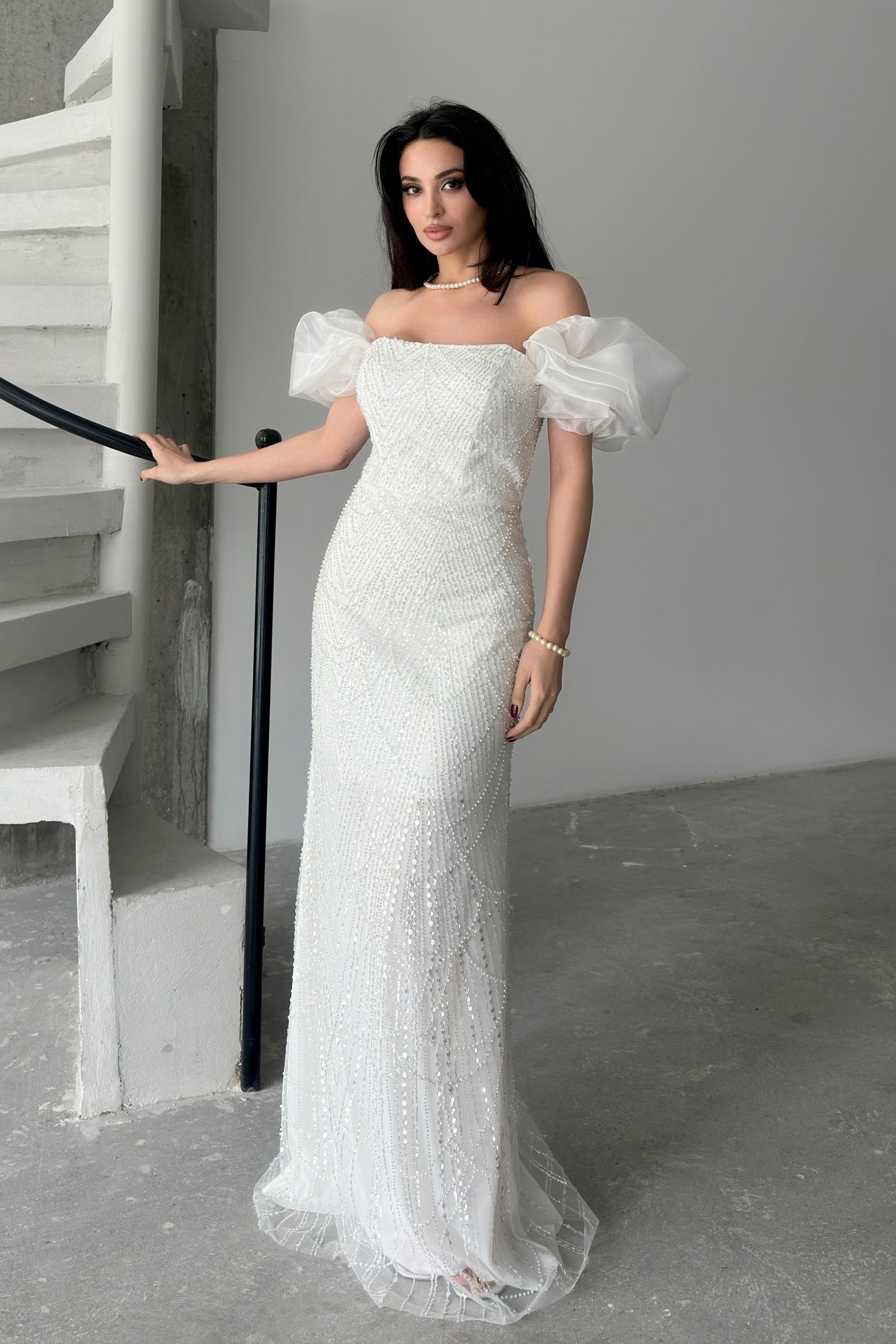 Beaded Off-Shoulder Puff Sleeve Maxi Dress - White