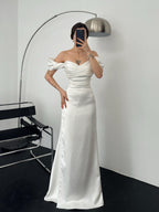 Ruched Off-Shoulder Satin Maxi Dress - White