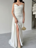 Draped Strapless Satin Maxi Dress - White