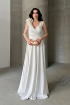 Surplice Neck Floral Shoulder Satin Maxi Dress - White