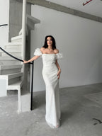 Beaded Off-Shoulder Puff Sleeve Maxi Dress - White