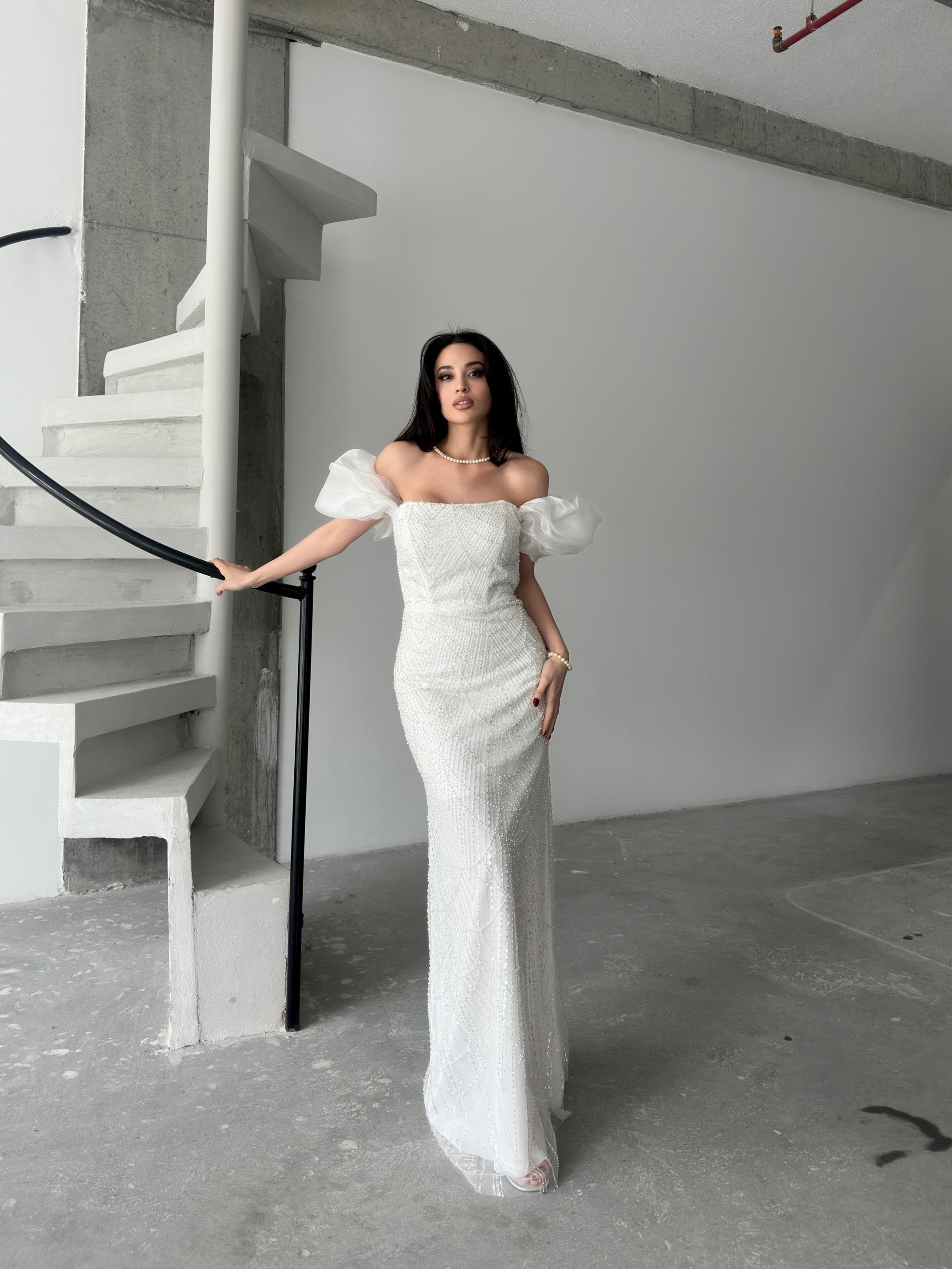 Beaded Off-Shoulder Puff Sleeve Maxi Dress - White