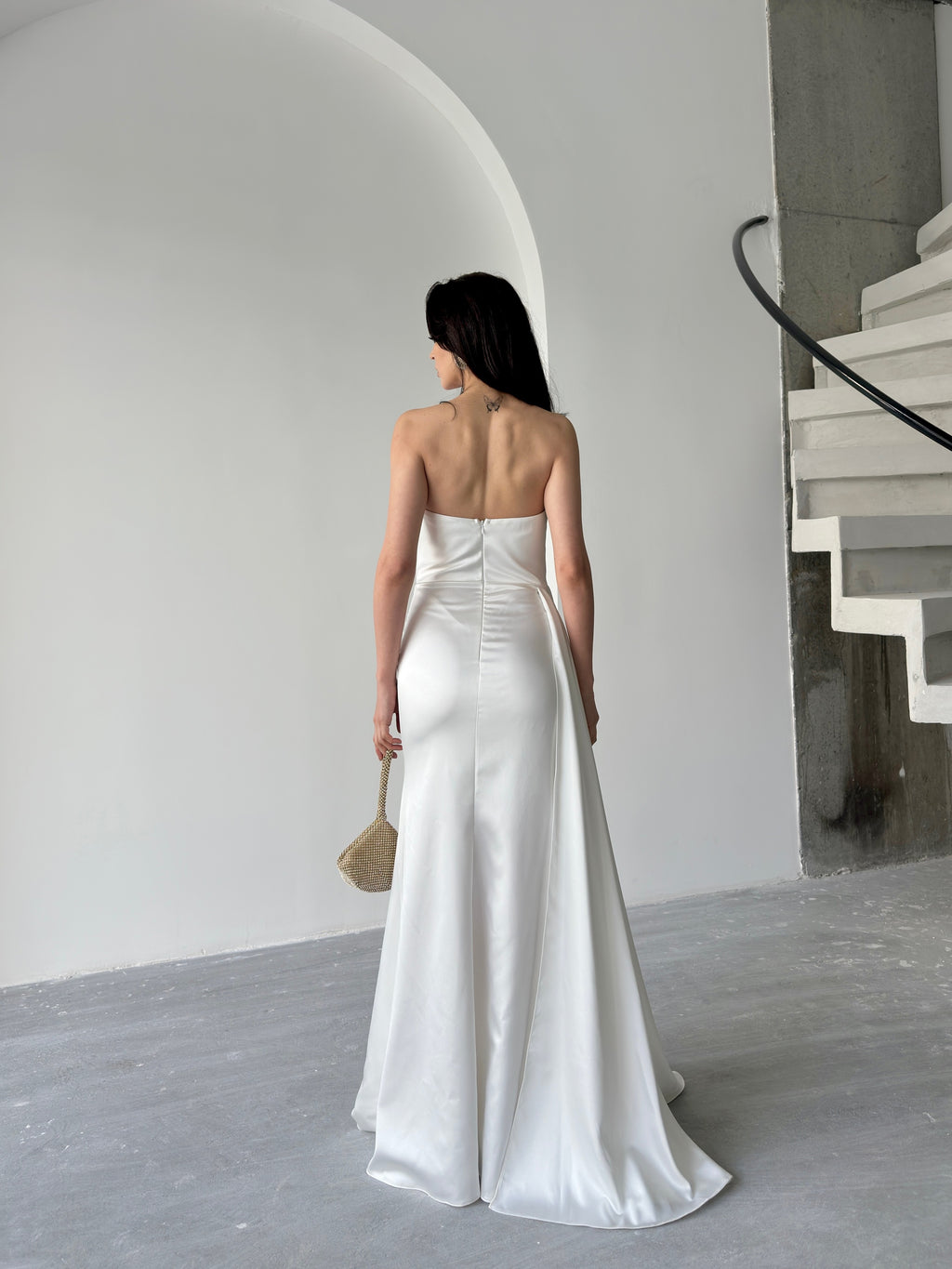 Draped Strapless Satin Maxi Dress - White