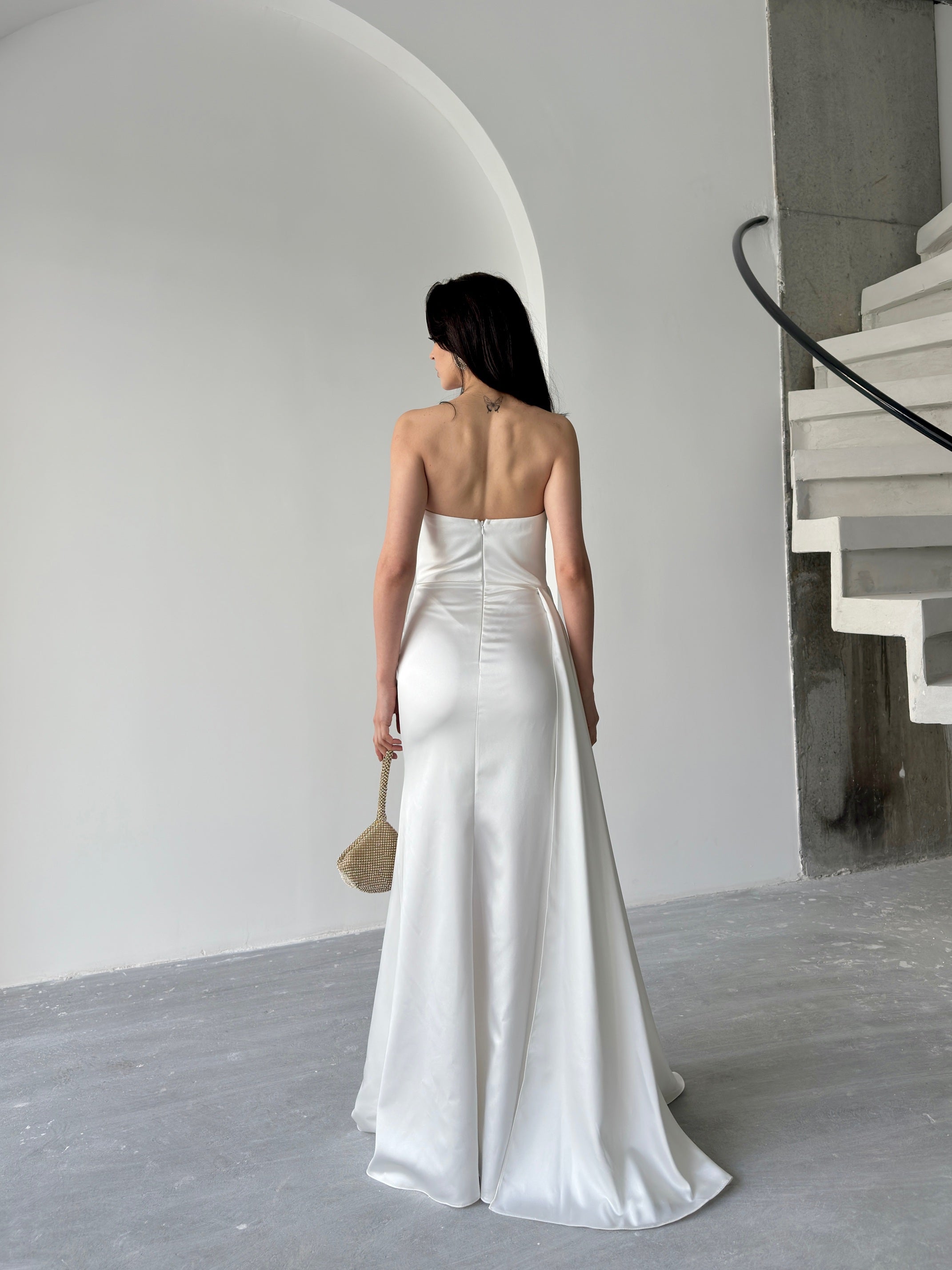 Draped Strapless Satin Maxi Dress - White