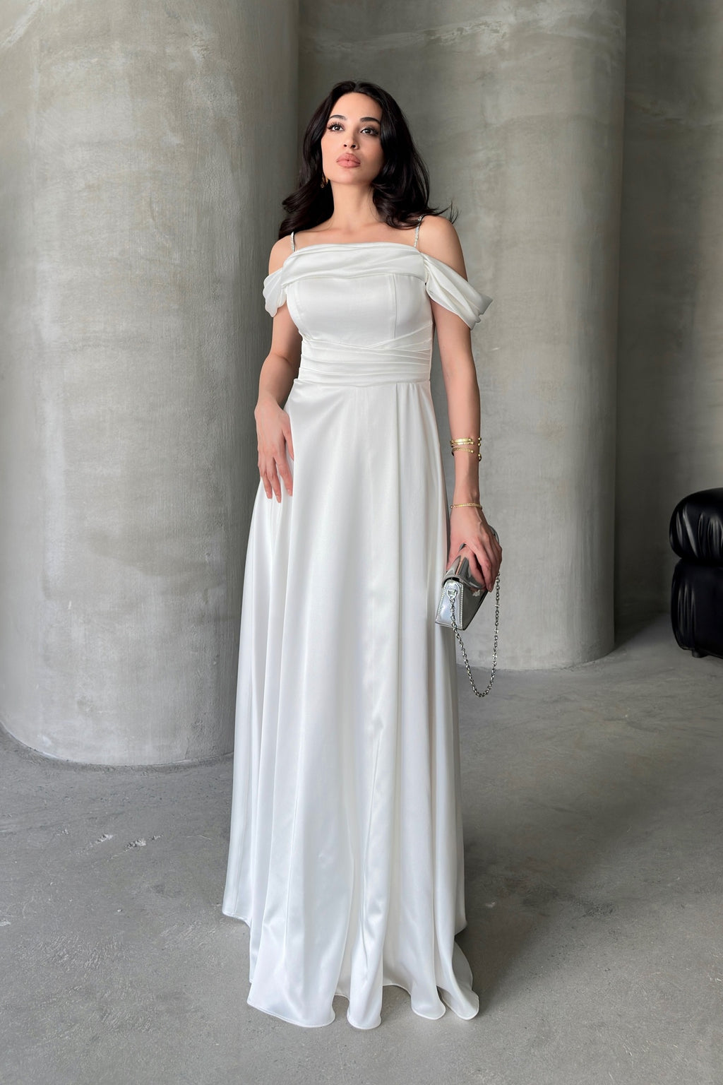 Rhinestone Strap Off-Shoulder Satin Maxi Dress - White