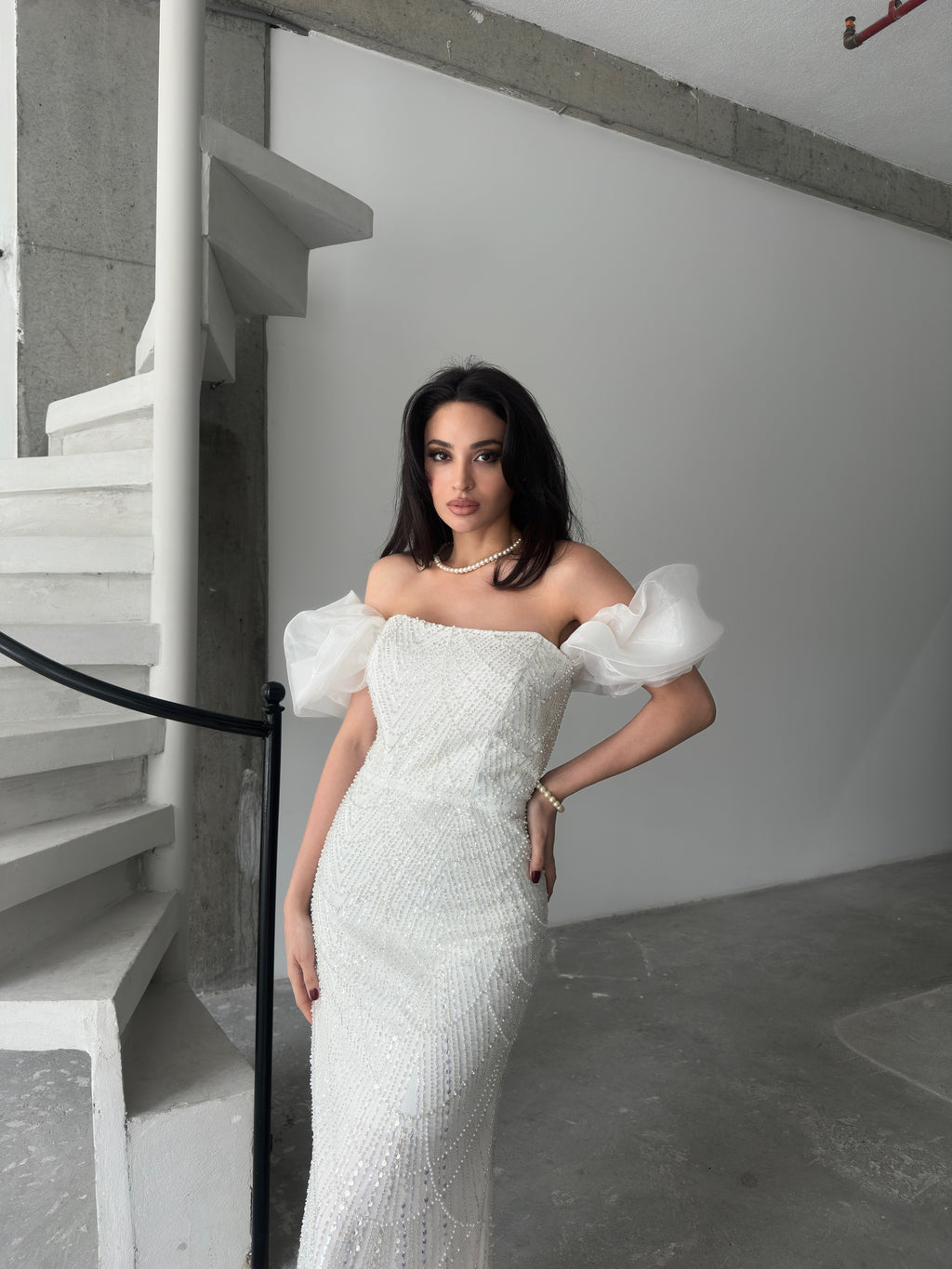 Beaded Off-Shoulder Puff Sleeve Maxi Dress - White