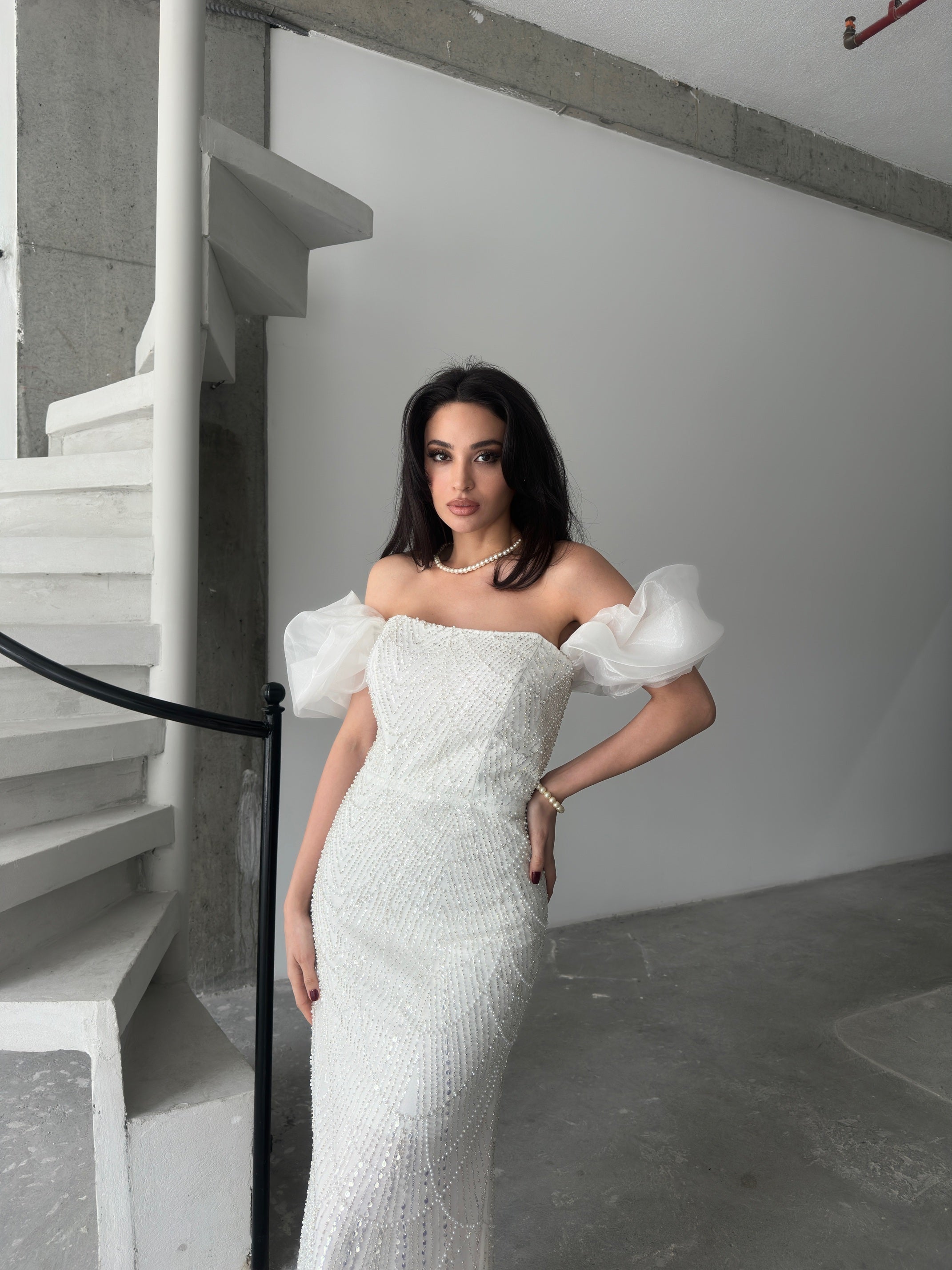 Beaded Off-Shoulder Puff Sleeve Maxi Dress - White