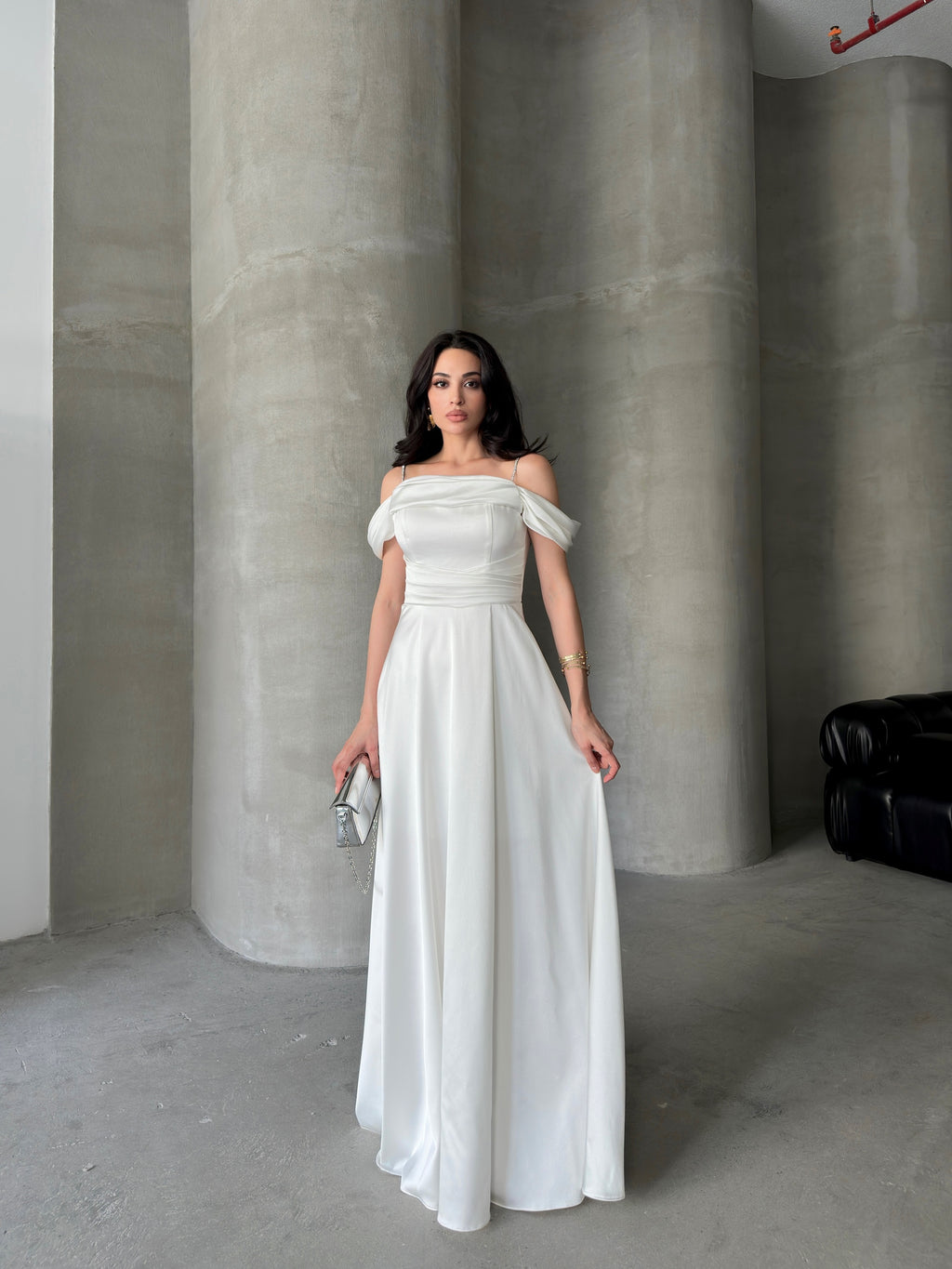 Rhinestone Strap Off-Shoulder Satin Maxi Dress - White