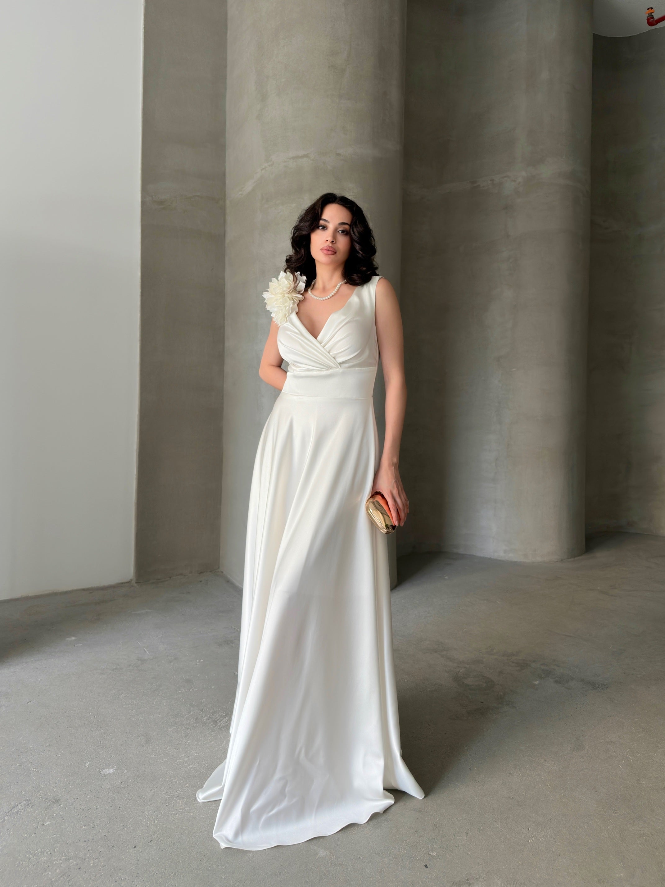 Surplice Neck Floral Shoulder Satin Maxi Dress - White