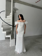 Beaded Off-Shoulder Puff Sleeve Maxi Dress - White