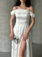 Rhinestone Strap Off-Shoulder Satin Maxi Dress - White