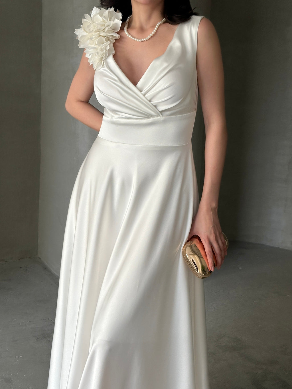 Surplice Neck Floral Shoulder Satin Maxi Dress - White