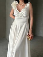 Surplice Neck Floral Shoulder Satin Maxi Dress - White