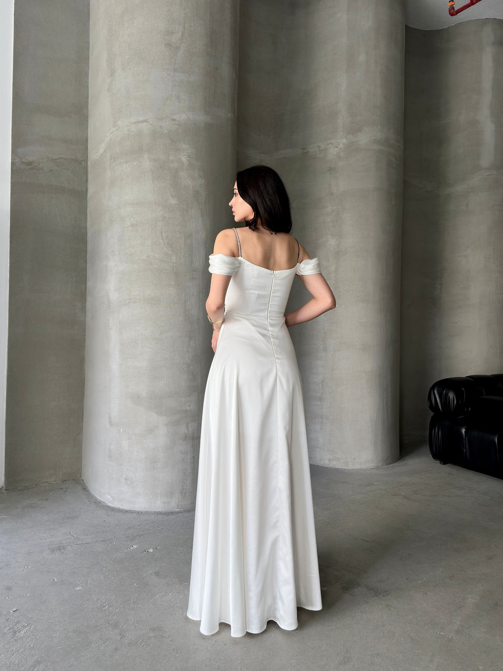 Rhinestone Strap Off-Shoulder Satin Maxi Dress - White