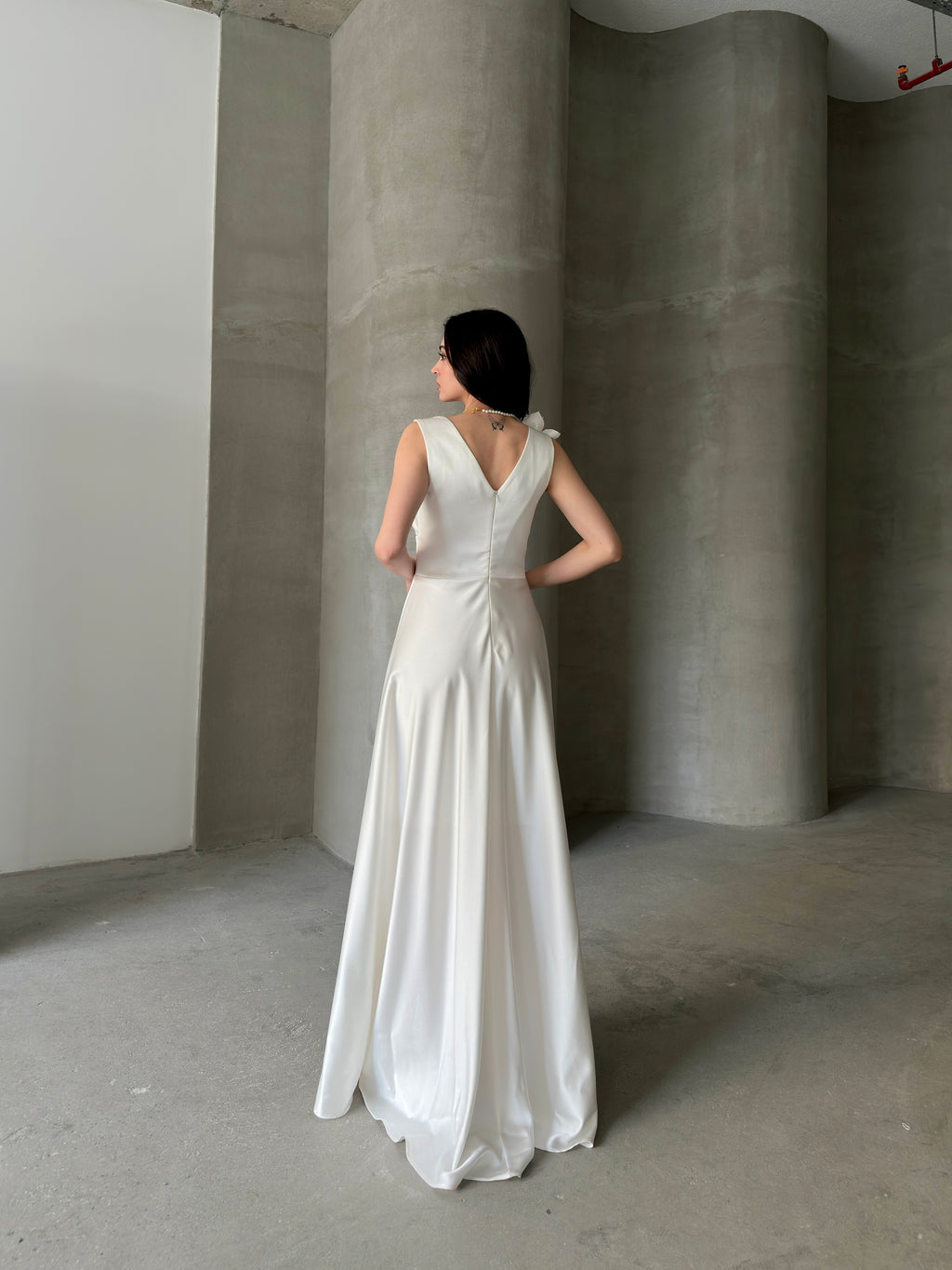 Surplice Neck Floral Shoulder Satin Maxi Dress - White