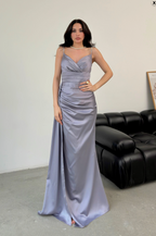 Rhinestone Strap Ruched Satin Maxi Dress - Gray