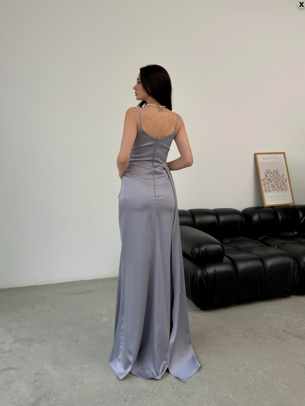 Rhinestone Strap Ruched Satin Maxi Dress - Gray