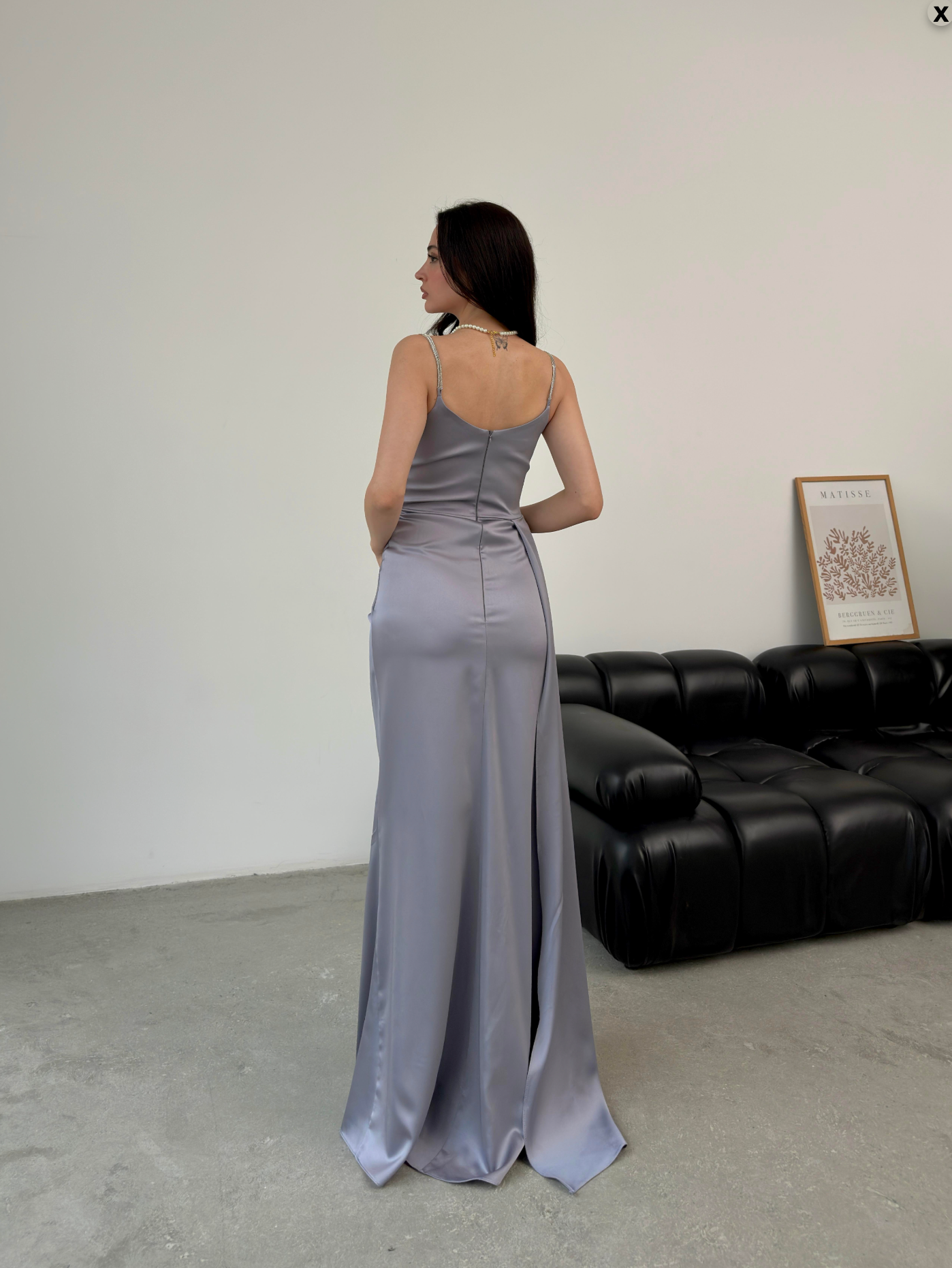 Rhinestone Strap Ruched Satin Maxi Dress - Gray