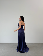 Embellished Cowl Neck Satin Maxi Dress - Navy