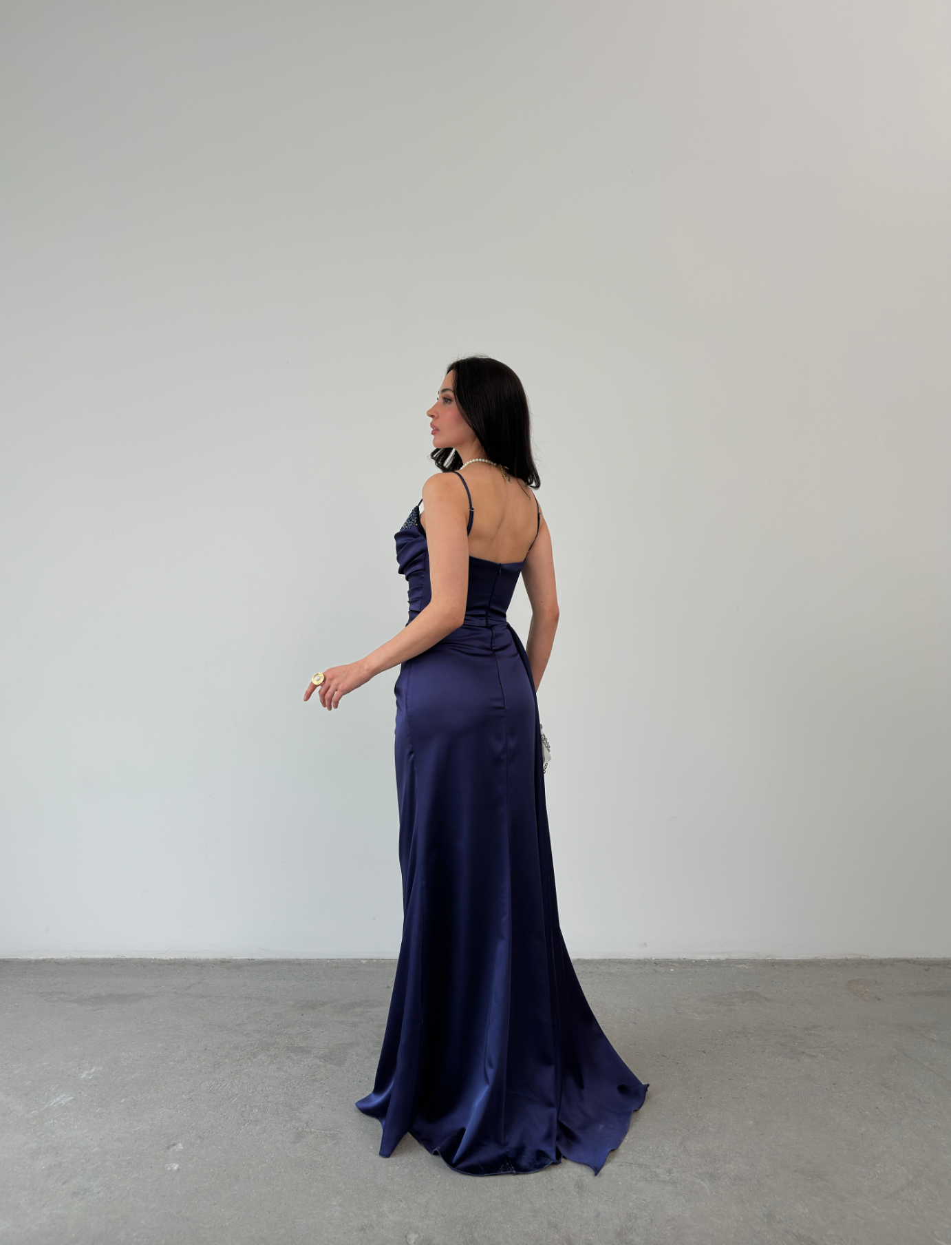 Embellished Cowl Neck Satin Maxi Dress - Navy
