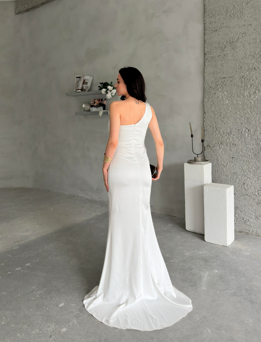 Draped One-Shoulder Satin Maxi Dress - White