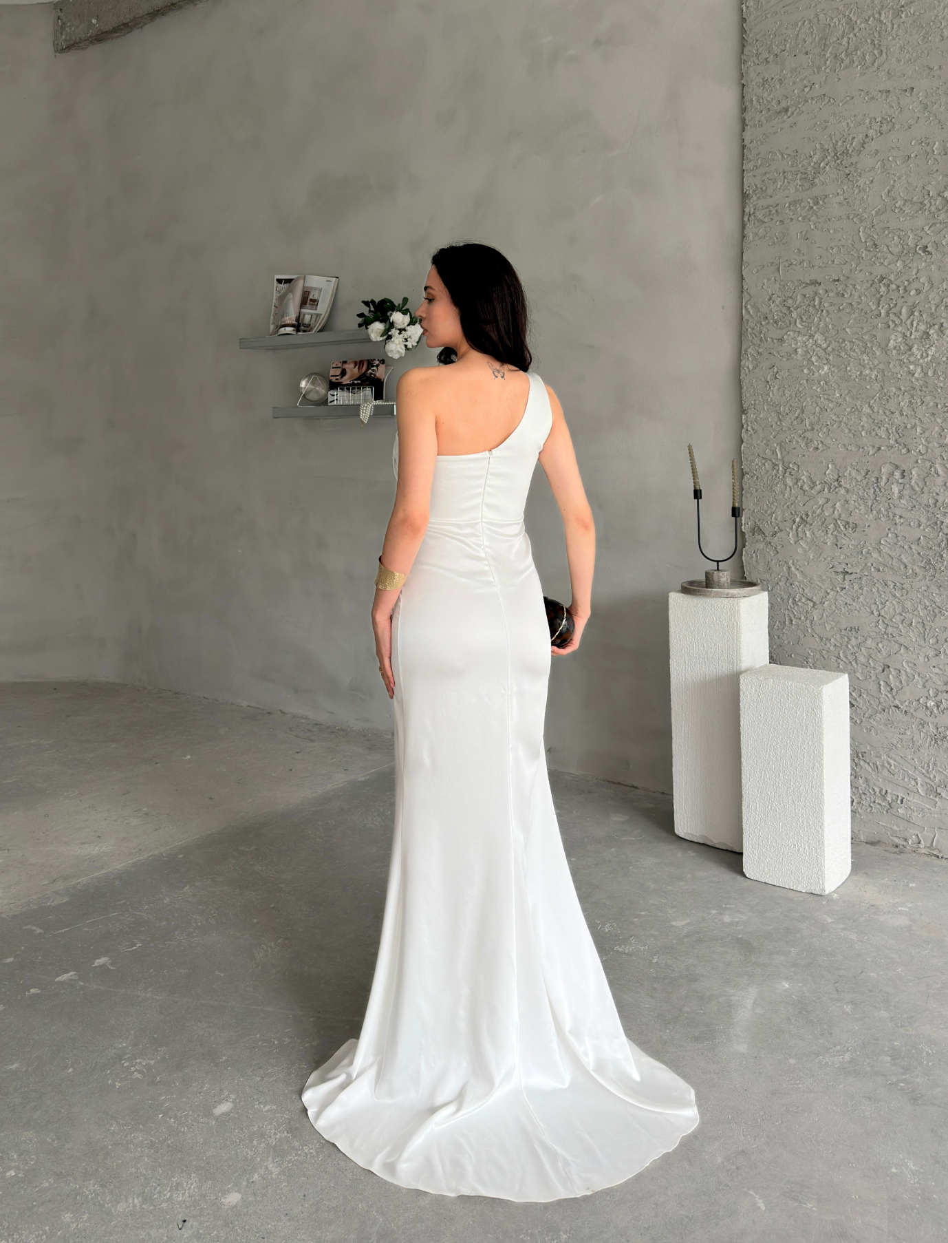 Draped One-Shoulder Satin Maxi Dress - White