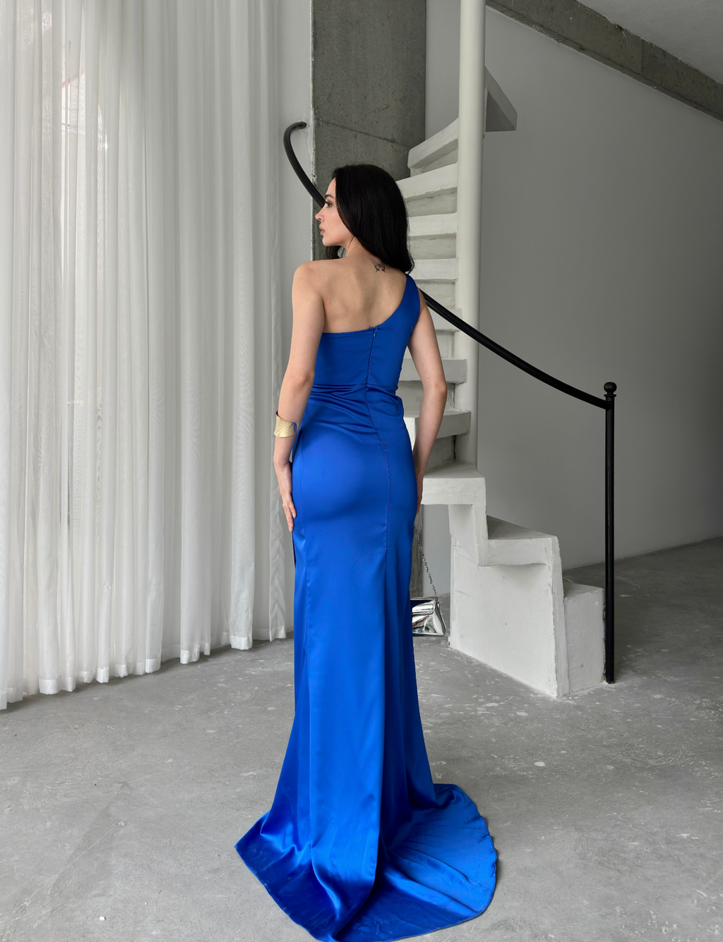 Draped One-Shoulder Satin Maxi Dress - Saxe Blue