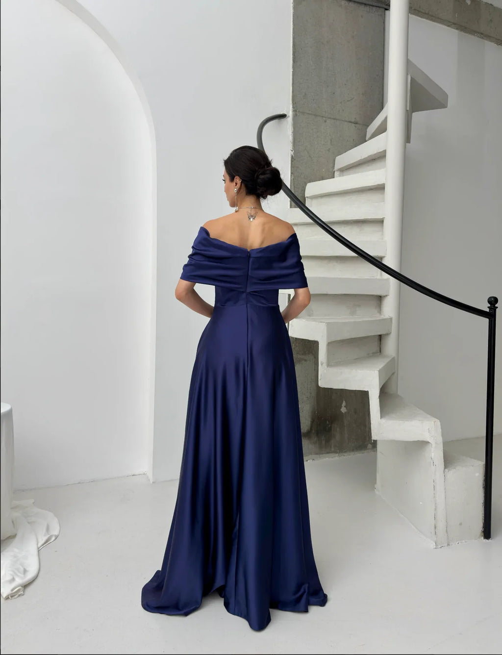 Satin Off-Shoulder Embellished Maxi Dress - Navy Blue - Mirelline Store