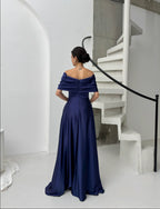 Satin Off-Shoulder Embellished Maxi Dress - Navy Blue - Mirelline Store