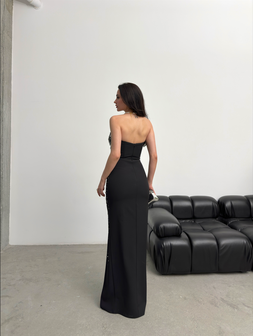 Embroidered Strapless Slit Maxi Dress - Black