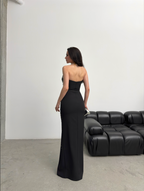 Embroidered Strapless Slit Maxi Dress - Black