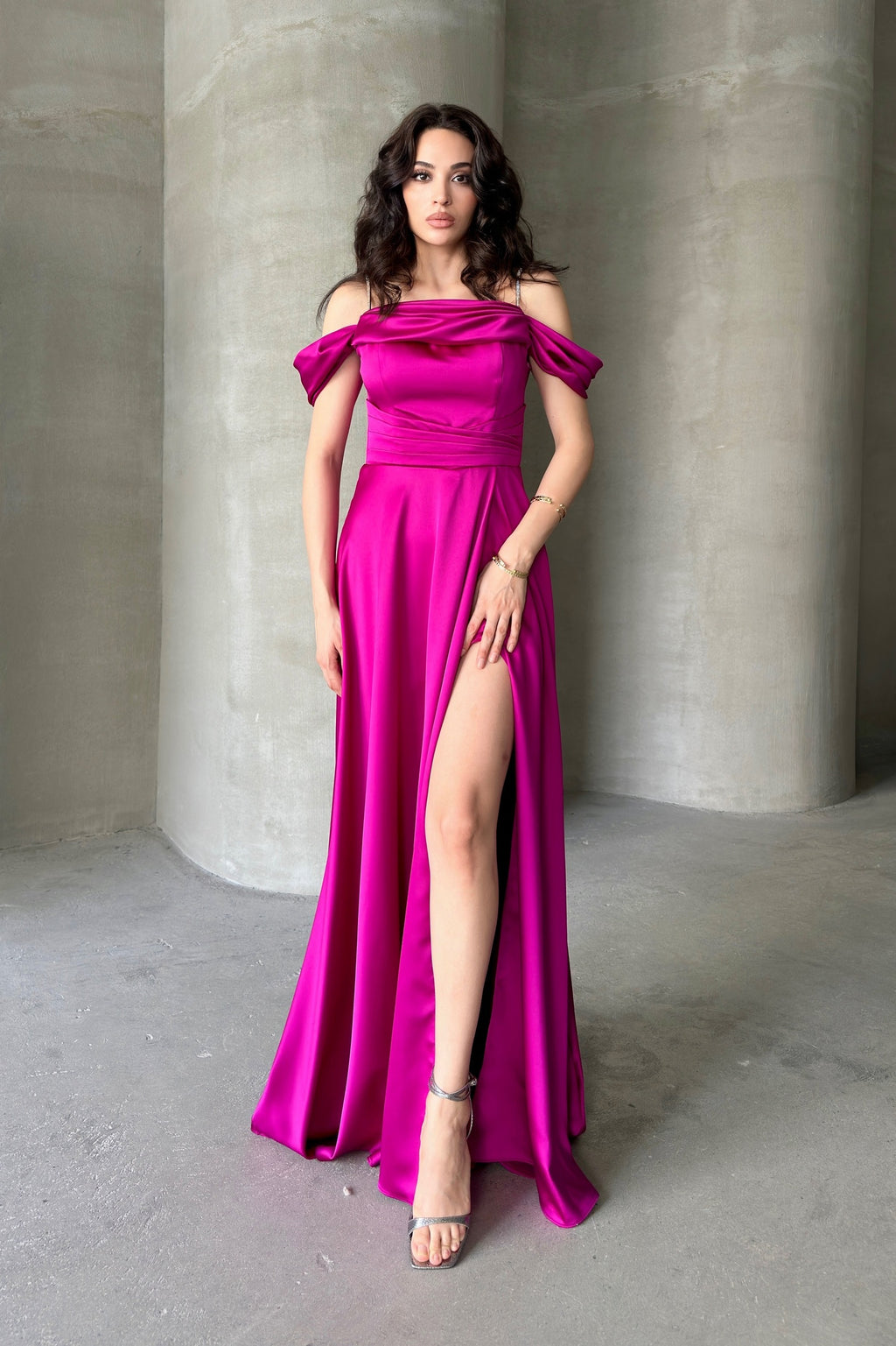 Rhinestone Strap Off-Shoulder Satin Maxi Dress - Fuchsia