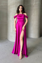 Rhinestone Strap Off-Shoulder Satin Maxi Dress - Fuchsia