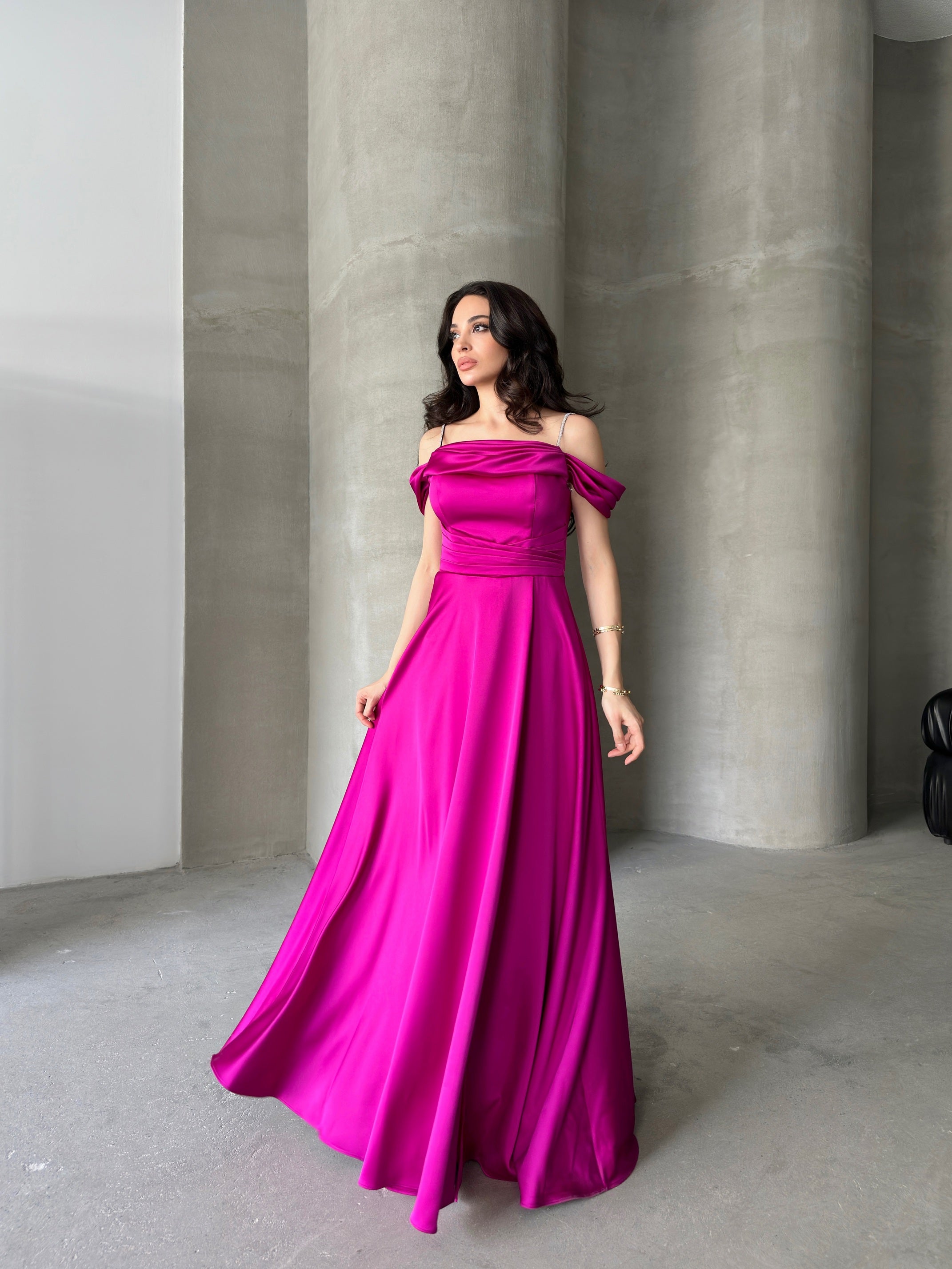 Rhinestone Strap Off-Shoulder Satin Maxi Dress - Fuchsia