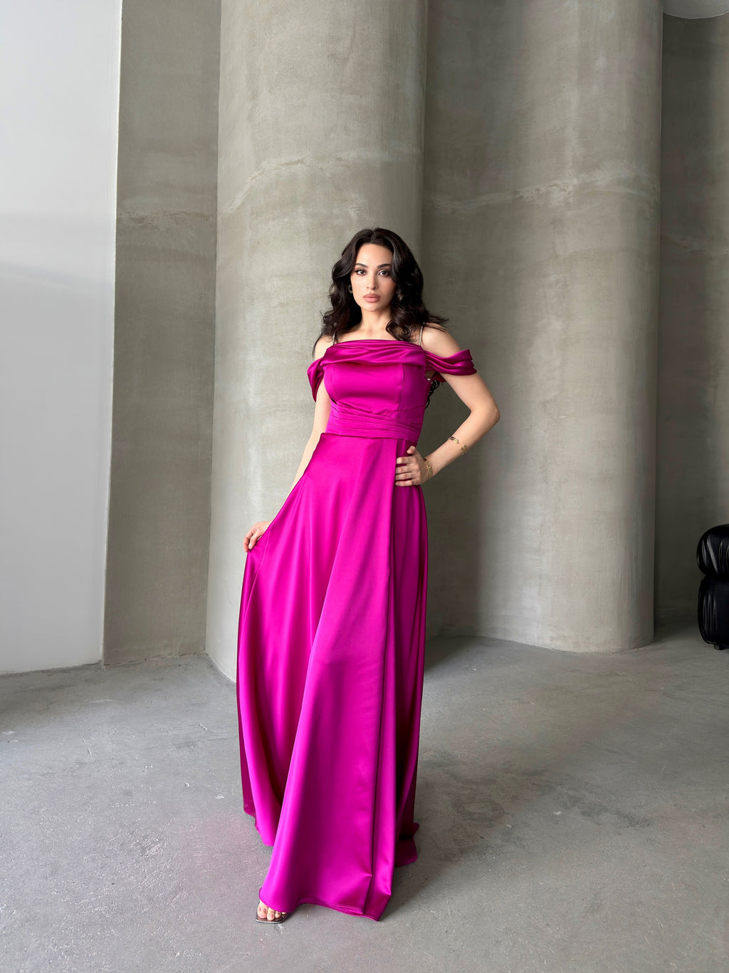Rhinestone Strap Off-Shoulder Satin Maxi Dress - Fuchsia