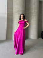 Rhinestone Strap Off-Shoulder Satin Maxi Dress - Fuchsia