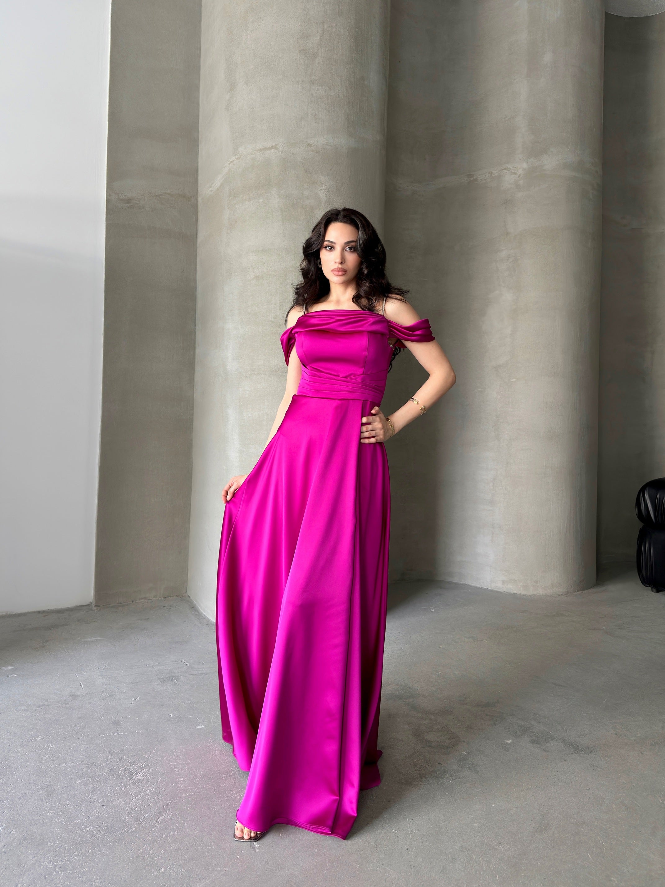 Rhinestone Strap Off-Shoulder Satin Maxi Dress - Fuchsia