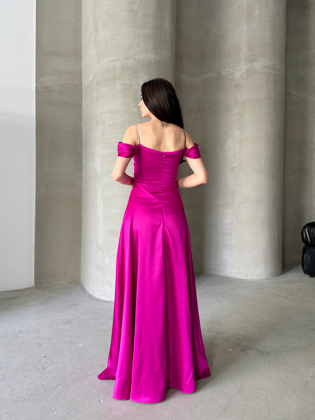 Rhinestone Strap Off-Shoulder Satin Maxi Dress - Fuchsia