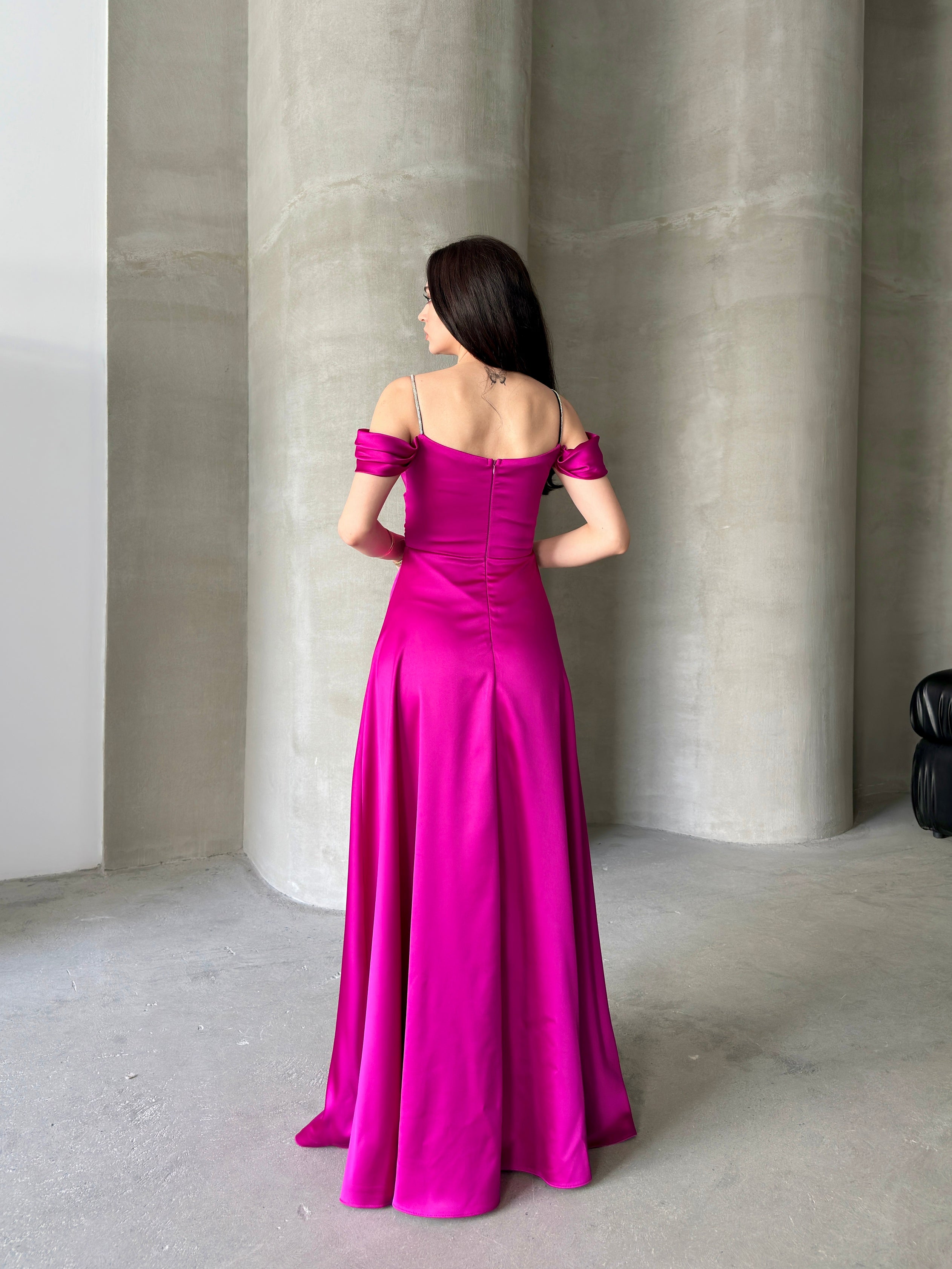 Rhinestone Strap Off-Shoulder Satin Maxi Dress - Fuchsia