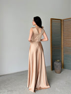 Surplice Neck Floral Shoulder Satin Maxi Dress - Gold