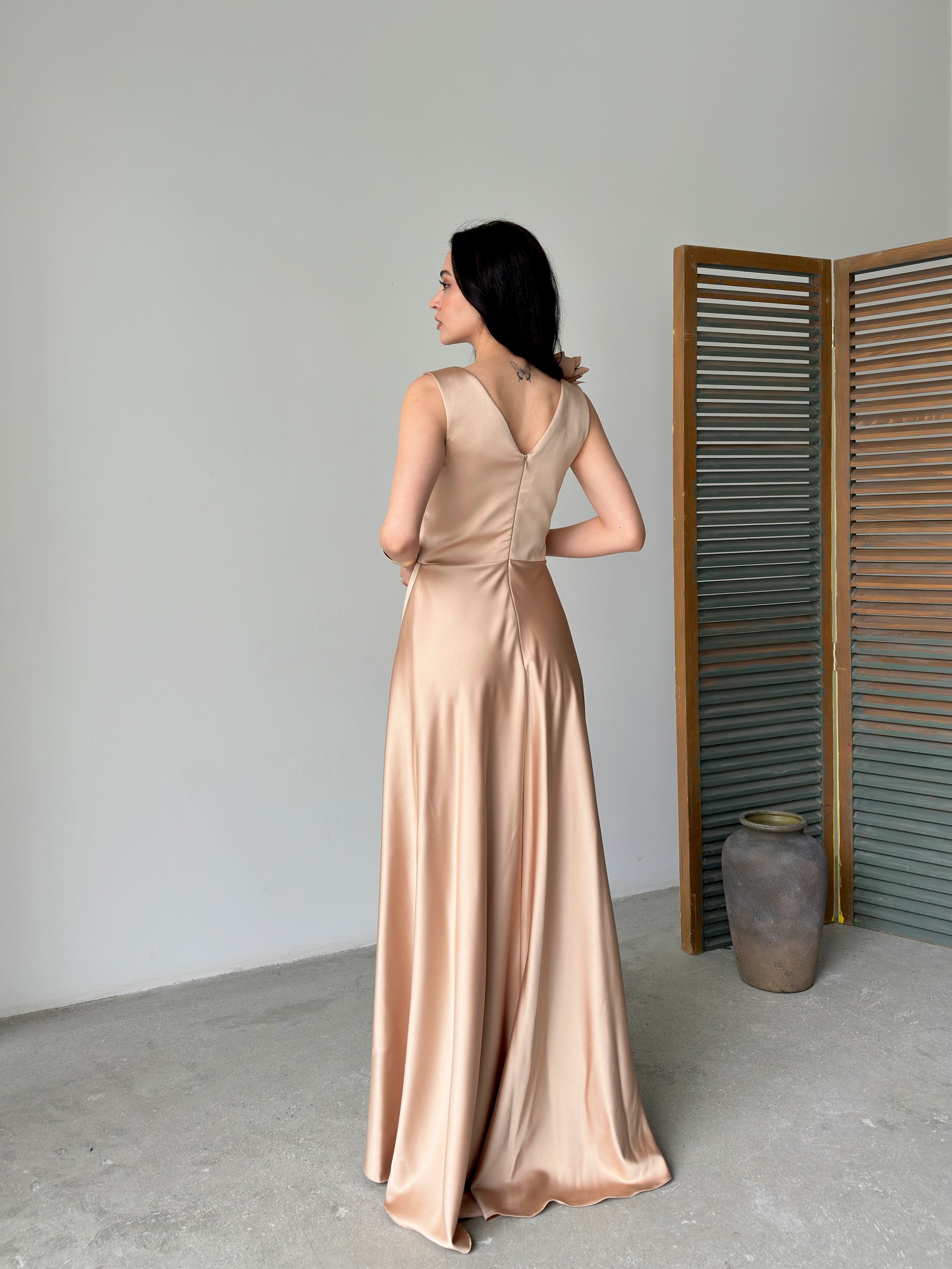 Surplice Neck Floral Shoulder Satin Maxi Dress - Gold